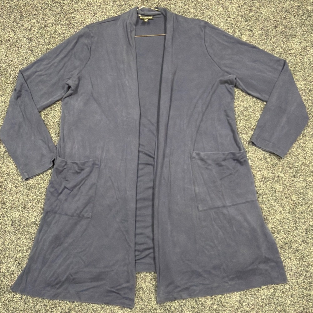 Eileen Fisher Cardigan Womens M Blue Tencel Lyocell Open Front Longline Pockets